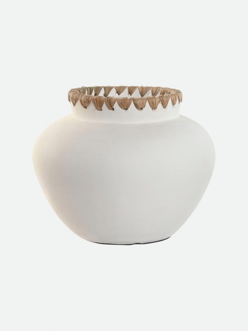 Handmade white jar 213870G in terracotta and raffia
