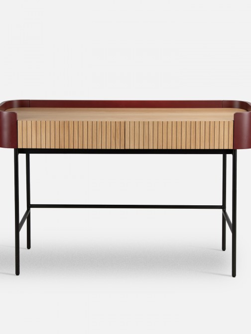 Console table with 2 drawers in oak and red lacquer with black metal legs 120 x 40 cm