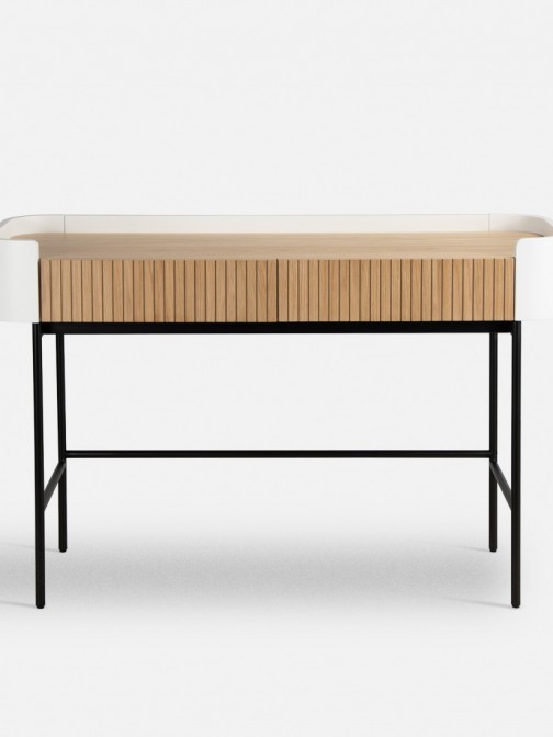 Console table with 2 drawers in oak and white lacquer with black metal legs 120 x 40 cm