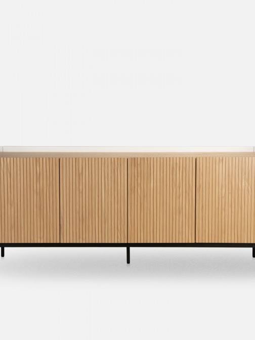 Riparia sideboard with 4 doors oak veneer and white lacquer finish with black metal legs 200 x 80 cm