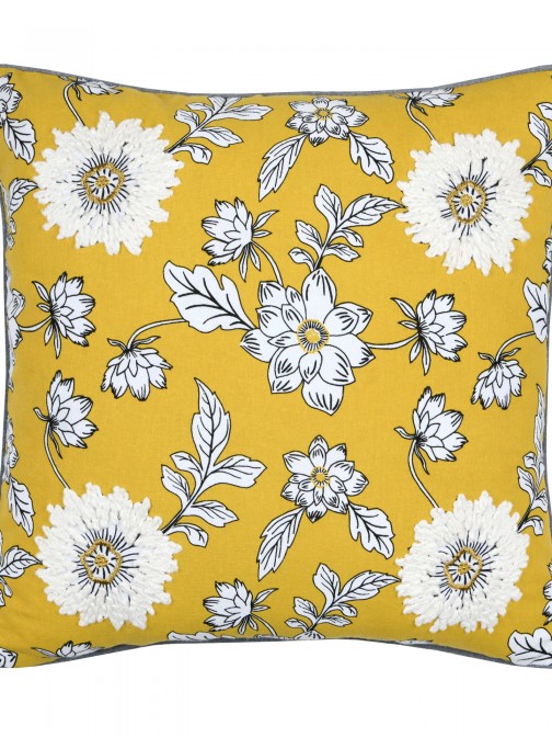 Milly yellow cushion with floral pattern and embroidery details 45 x 45 cm
