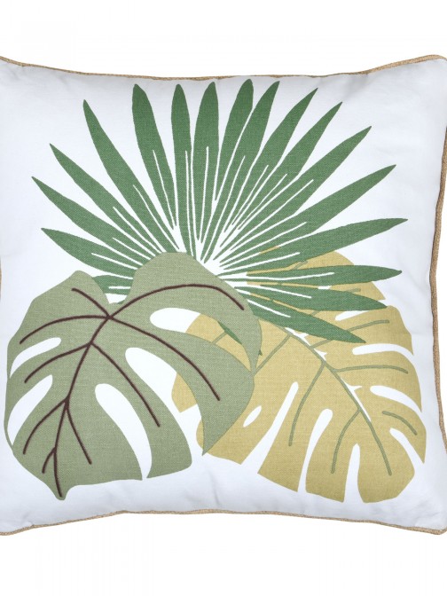 Almofada Cambodge 002 com motivos tropicais verde em algod�o e juta 50 x 50 cm