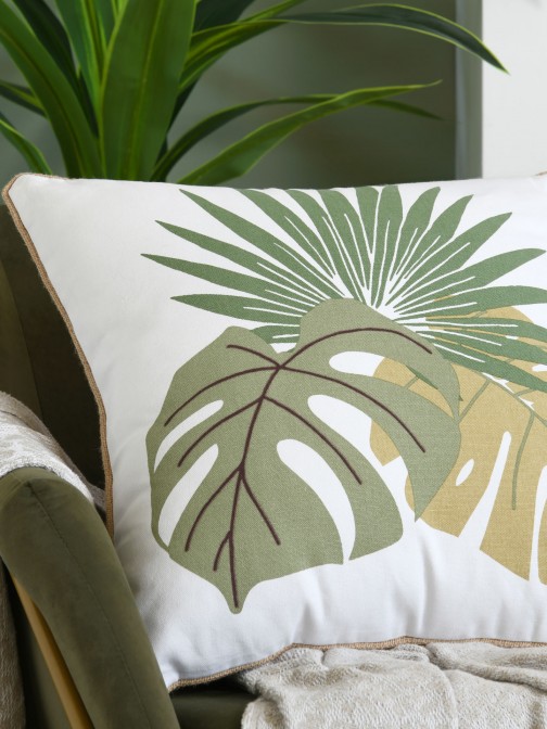 Cambodge 002 cushion with tropical motifs in cotton and jute, 50 x 50 cm