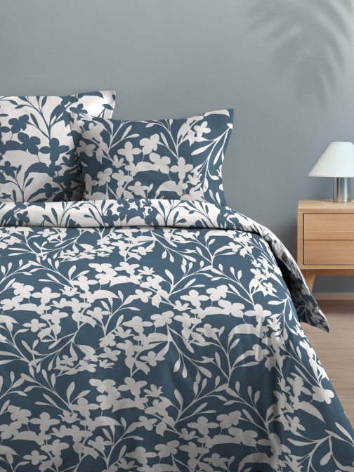 Marjolaine 100% cotton double-sided duvet cover with blue floral pattern for double bed