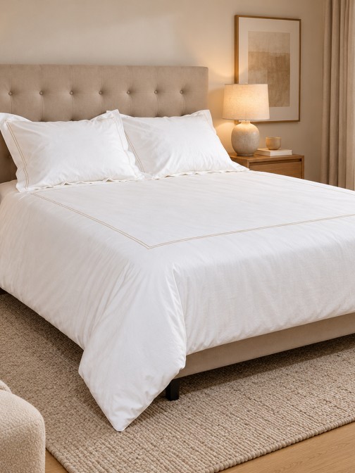 Double Border Duvet Cover 100% Cotton White and Beige for Double Bed