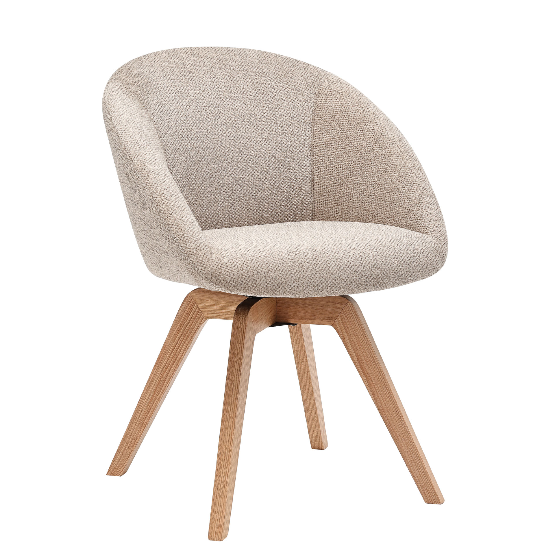 Cadeira Allos tecido bege giratória e pés estilo nórdico em madeira maciça faia acabamento natural
