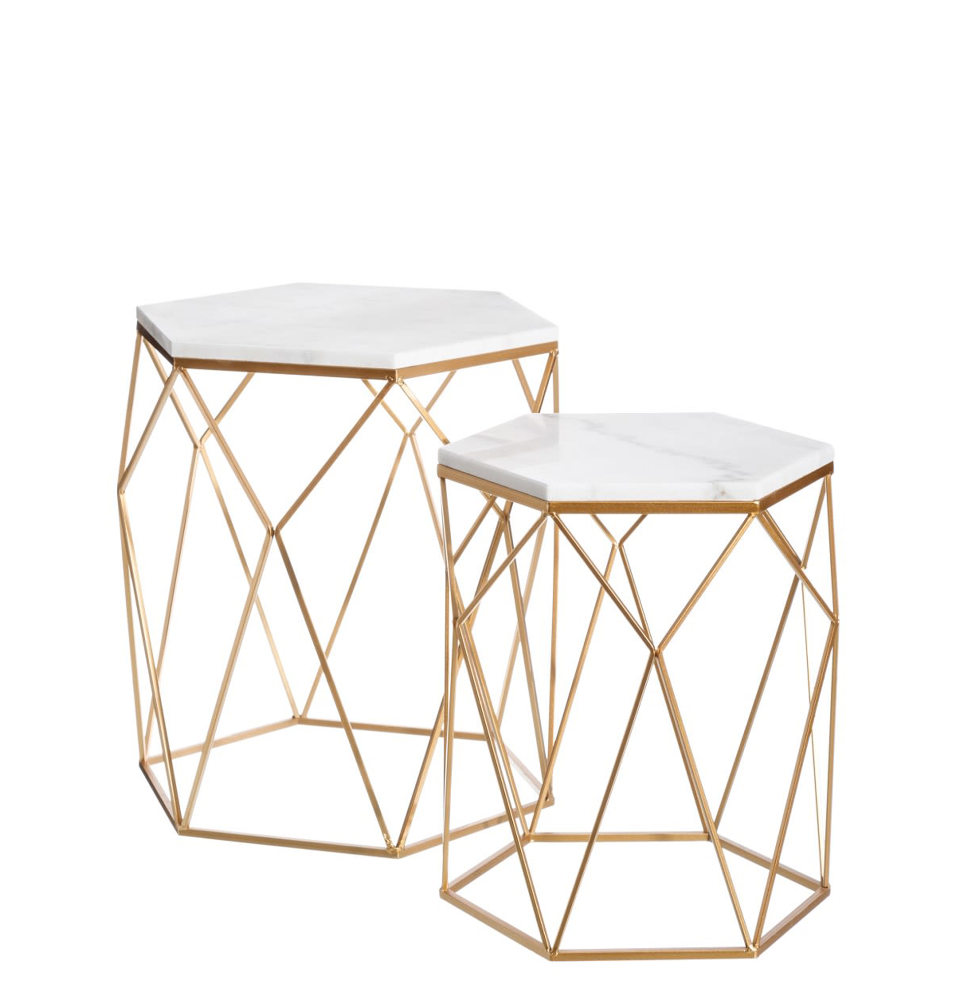 Mesa Auxiliar Hexagonal de Metal com Tampo em Mármore Nellie Dourada