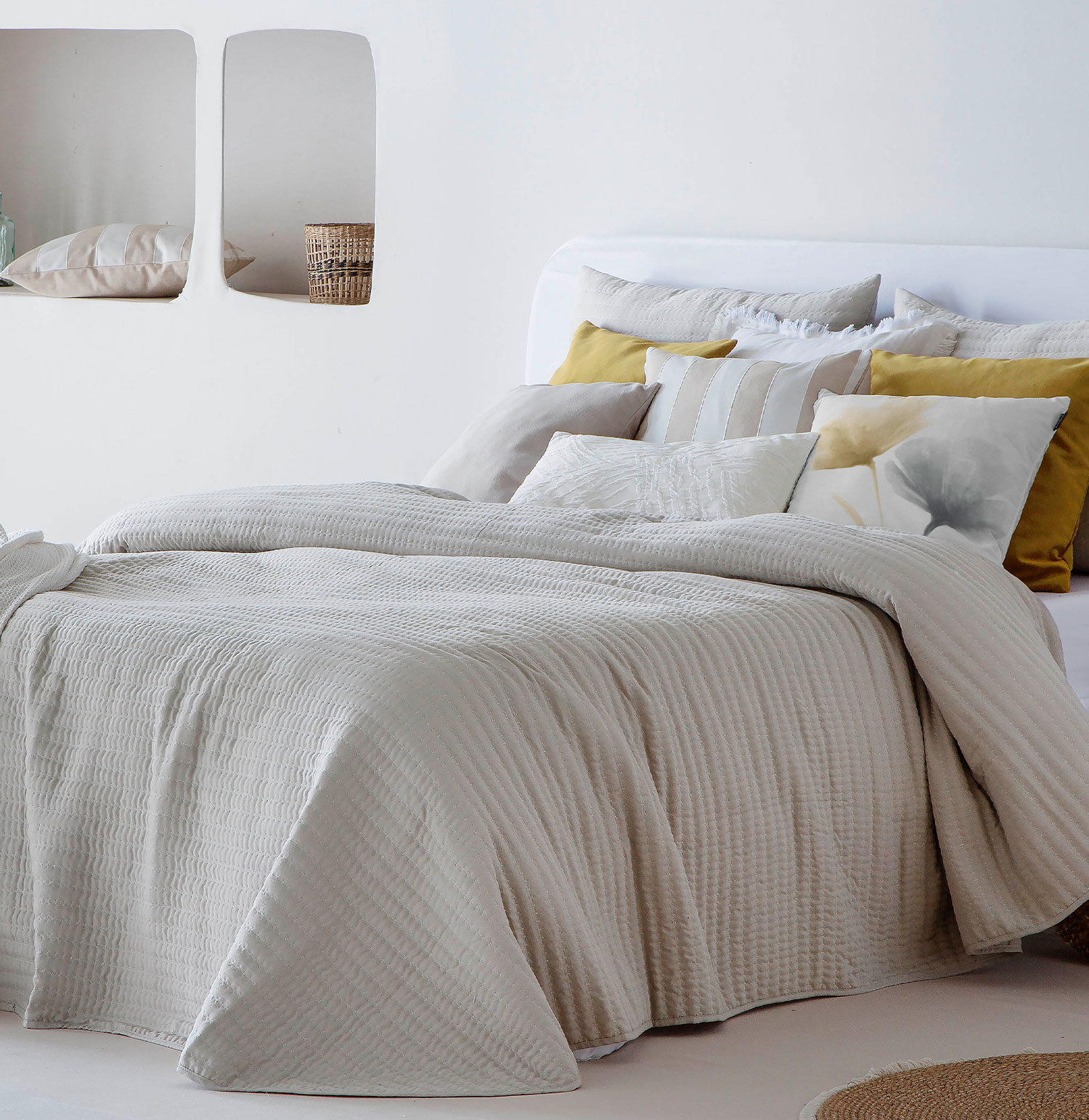 Colcha Cama de Casal Linette Falso Liso Bege Linho