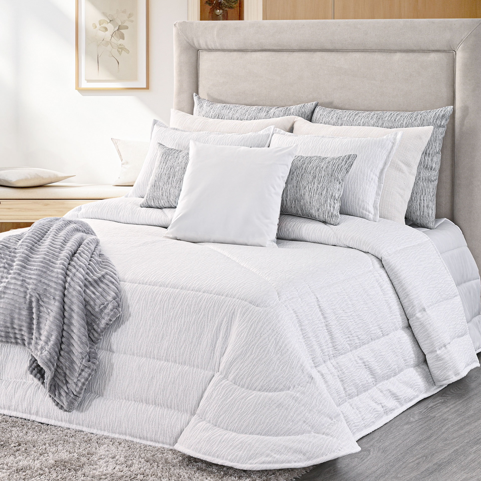 Colcha Cama de Casal Dian Falso Liso Cinza