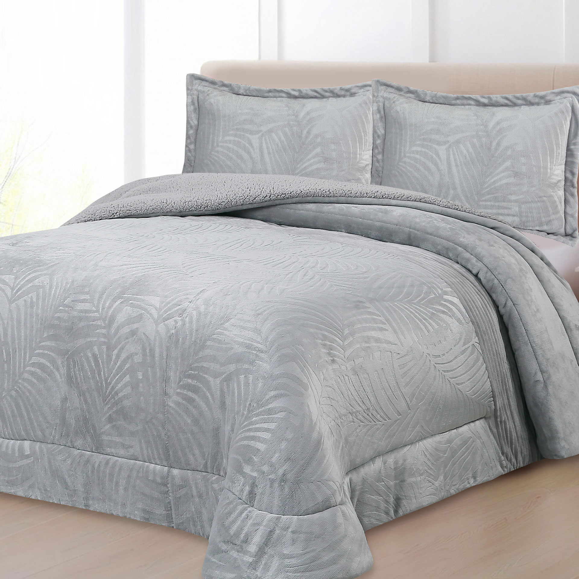 Colcha Cama de Casal com Sherpa Mari Falso Liso Cinza