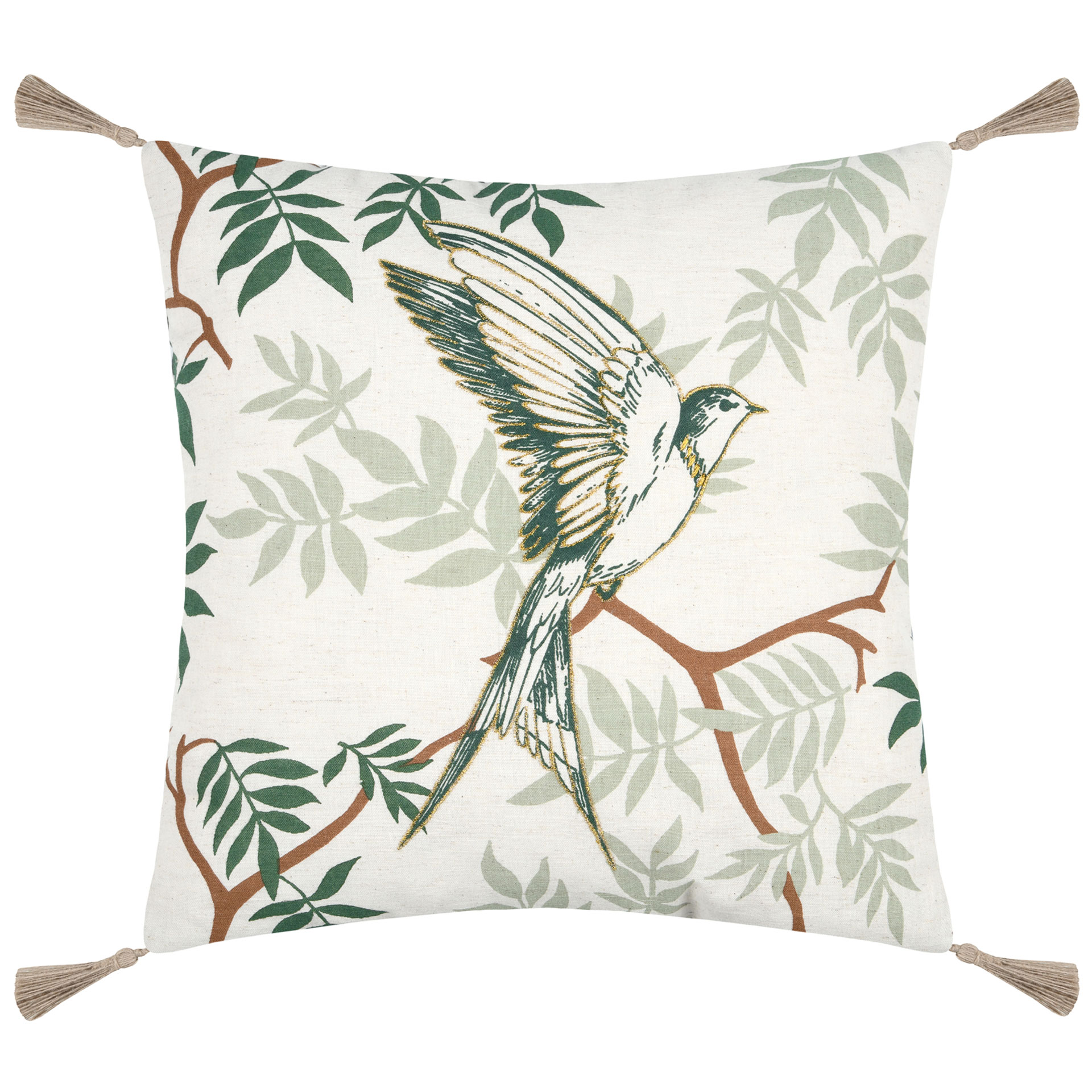 Almofada Botanys em algodão e linho com padrão floral e andorinha com detalhe dourado 40 x 40 cm