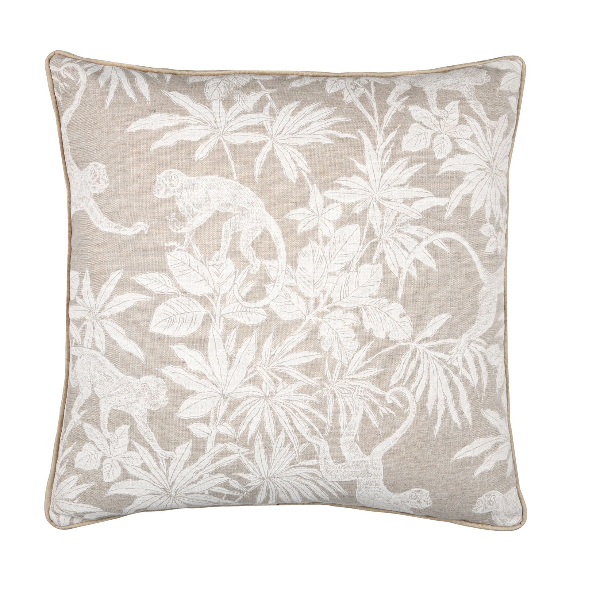 Almofada Sapajou bege dupla face com desenho de macacos e folhas 50 x 50 cm