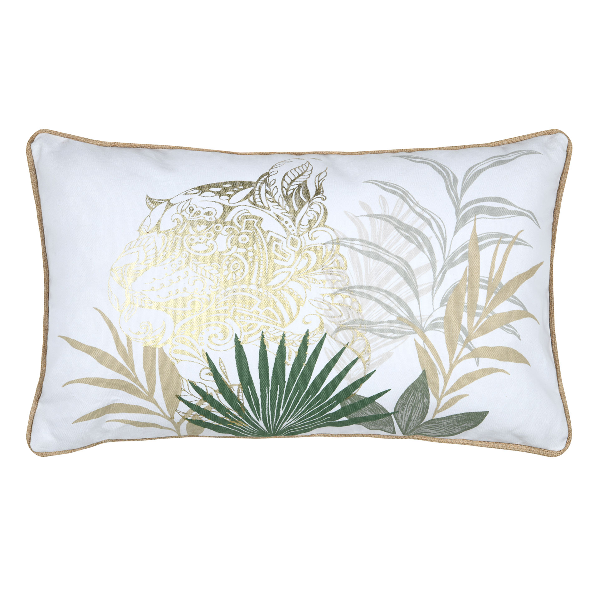 Almofada Cambodge 005 com motivos tropicais verdes e mandala dourada 100% algodão  30 x 50 cm