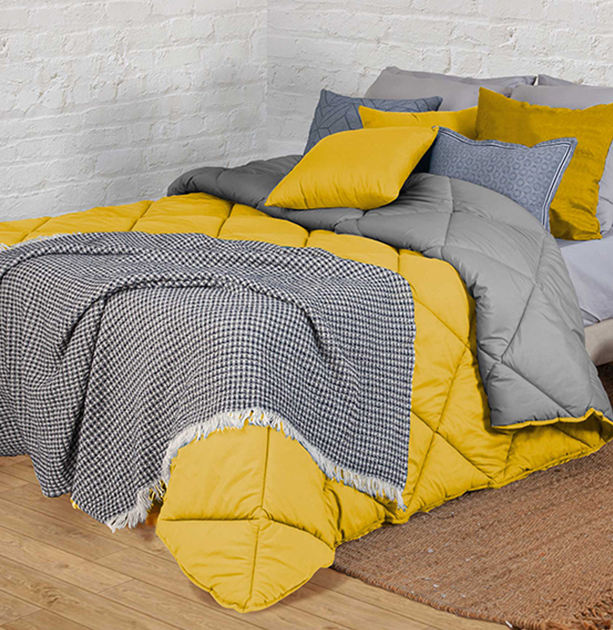 Colcha Cama de Solteiro Dupla Face Bicolor Geométrico Amarelo