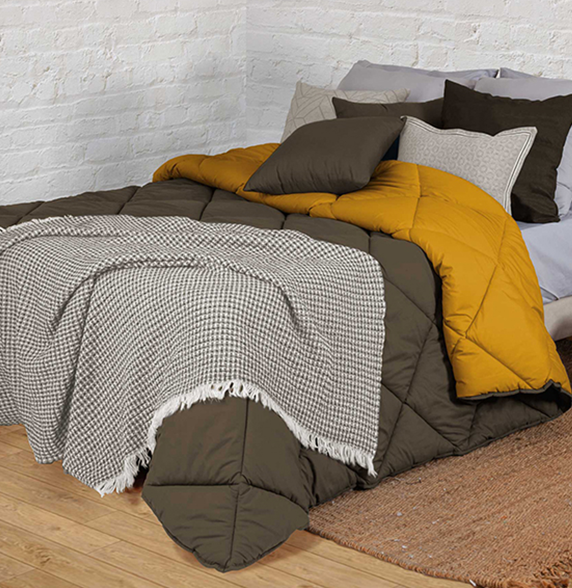 Colcha Cama de Casal Dupla Face Bicolor Geométrico Castanho Caqui