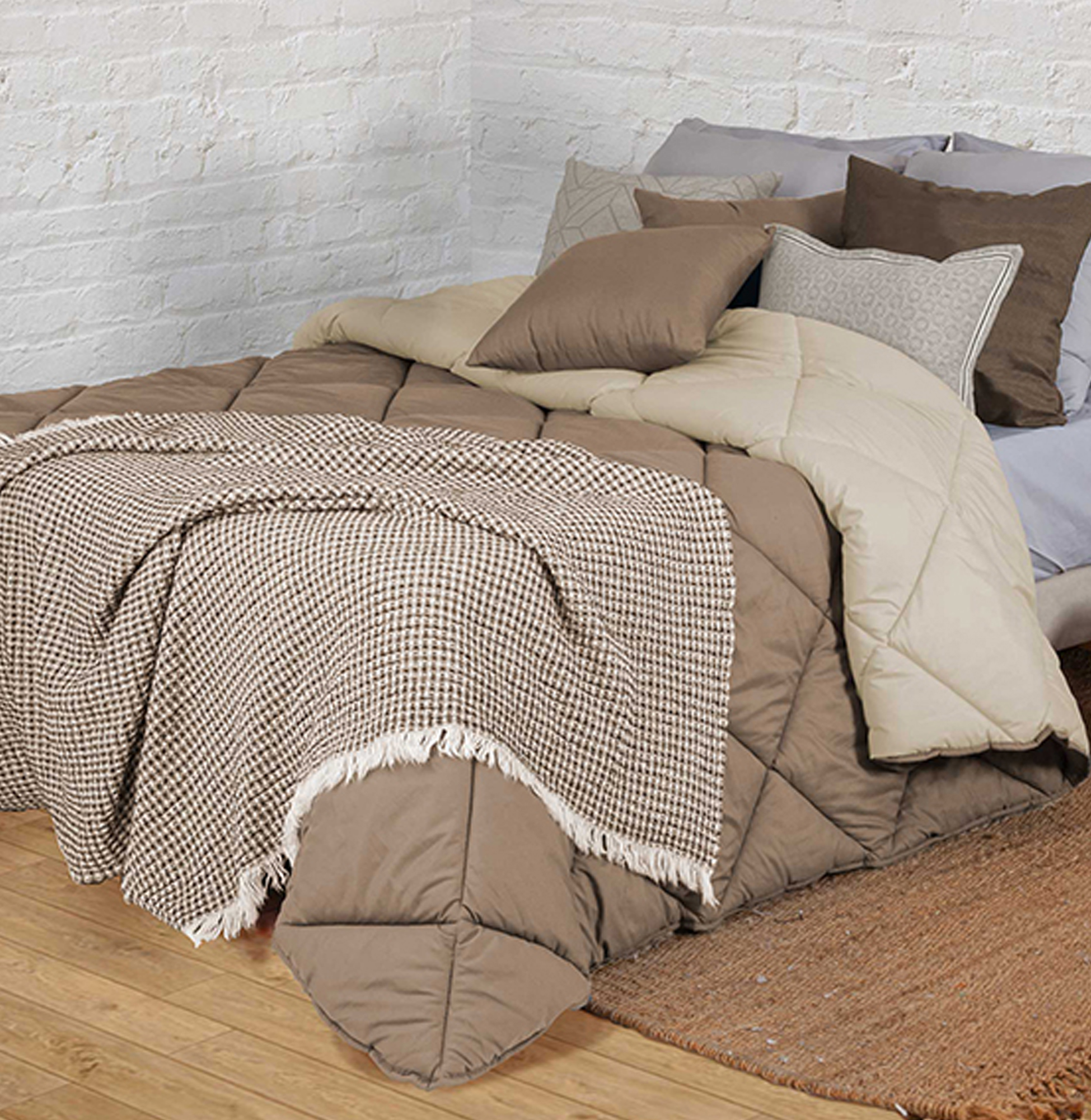 Colcha Cama de Casal Dupla Face Bicolor Geométrico Castanho Taupe