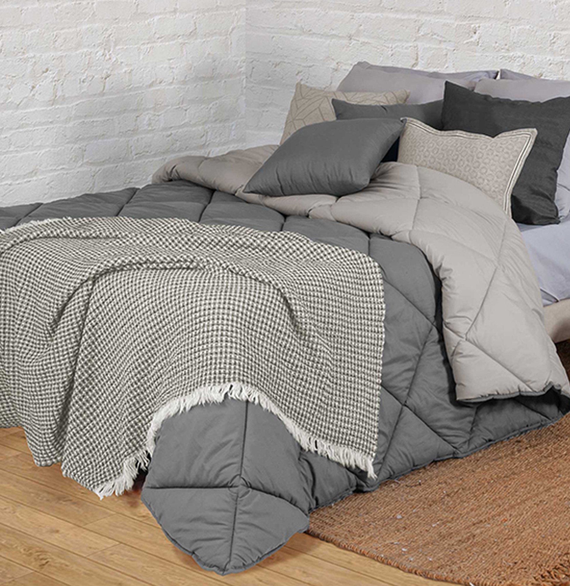 Colcha Cama de Solteiro Dupla Face Bicolor Geométrico Cinzento