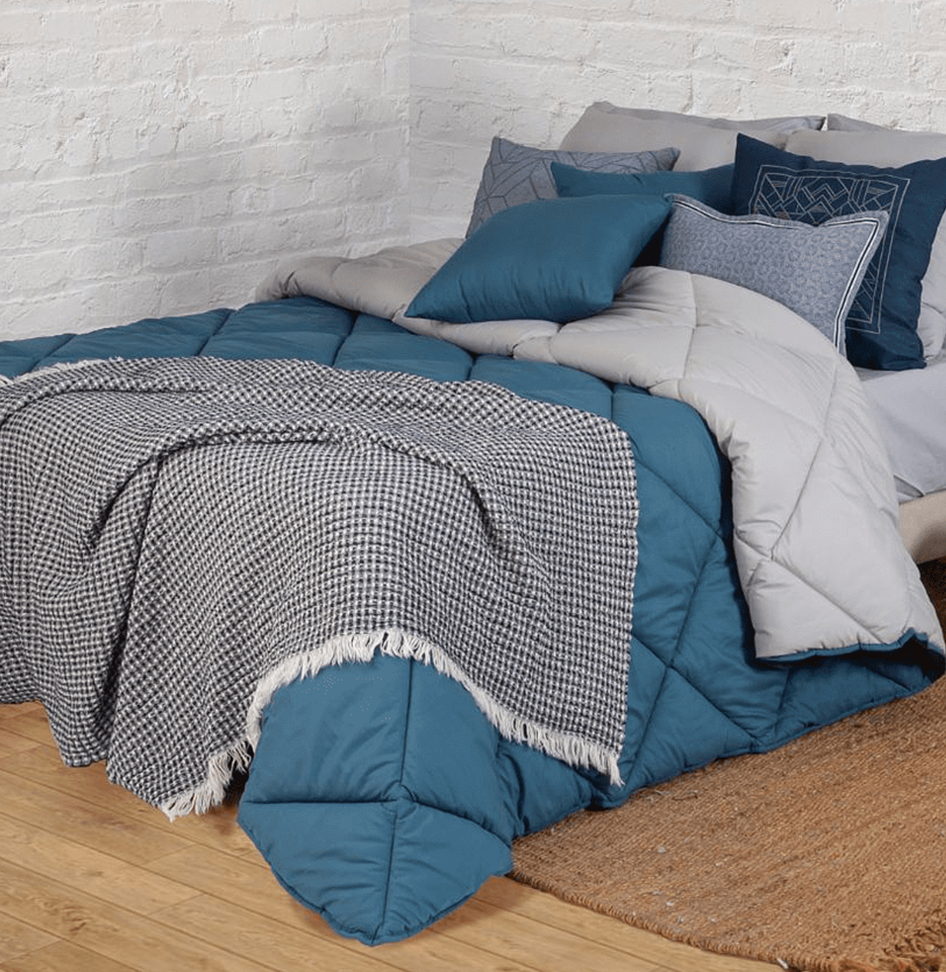 Colcha Cama de Solteiro Dupla Face Bicolor Geométrico Azul Petróleo