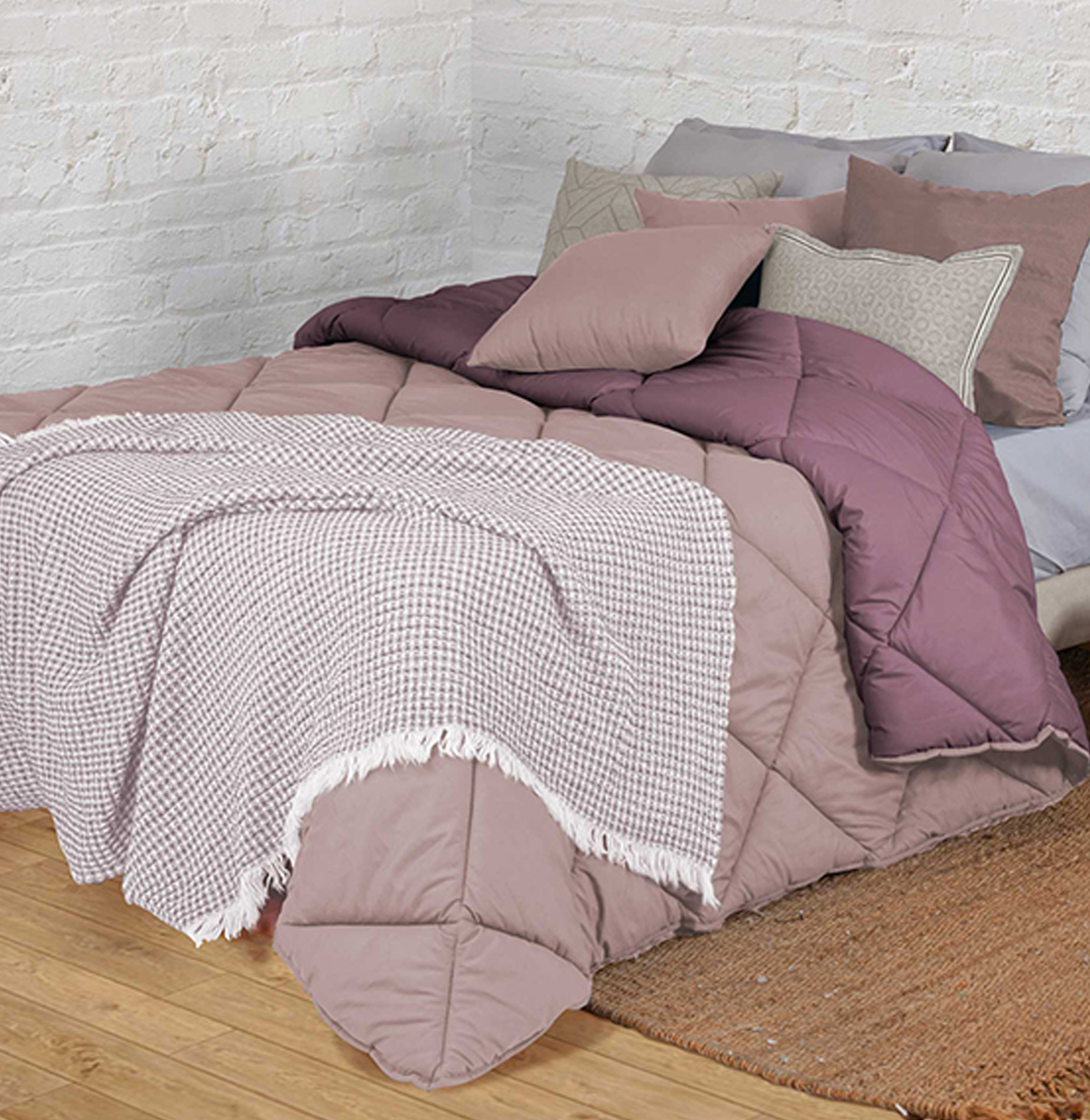 Colcha Cama de Casal Dupla Face Bicolor Geométrico Rosa Seco
