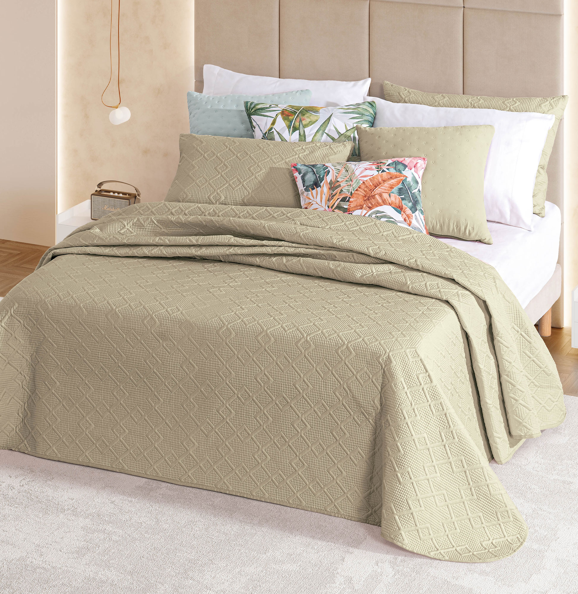 Colcha Cama de Casal Troia Desi Geométrico Cinzento Taupe