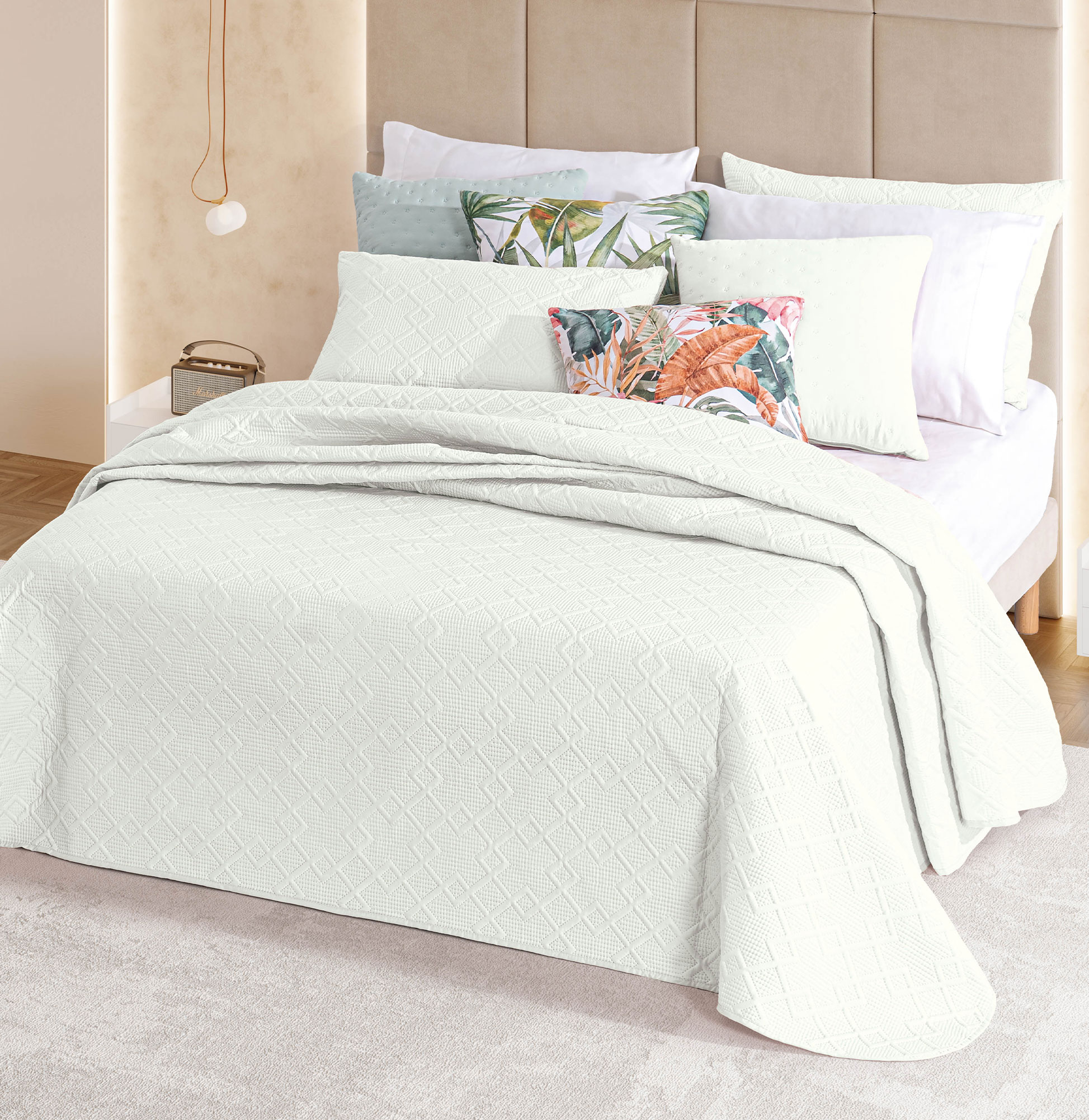 Colcha Cama de Casal Troia Desi Geométrico Branco Pérola