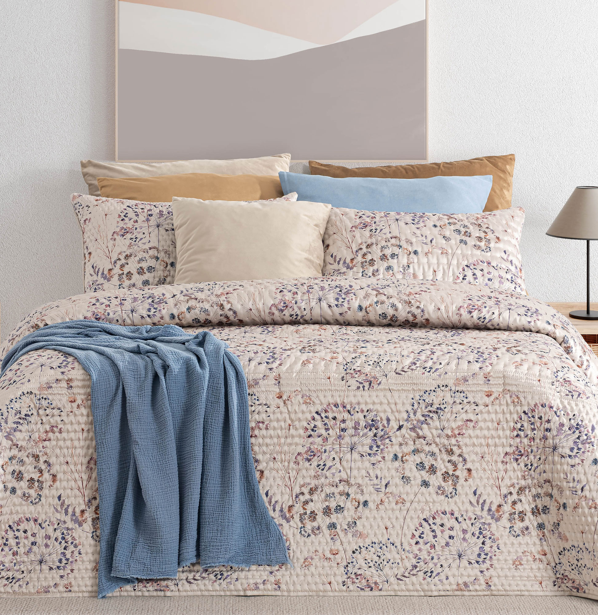 Colcha Cama de Casal Florim II Floral Multicolor/Azul Marinho