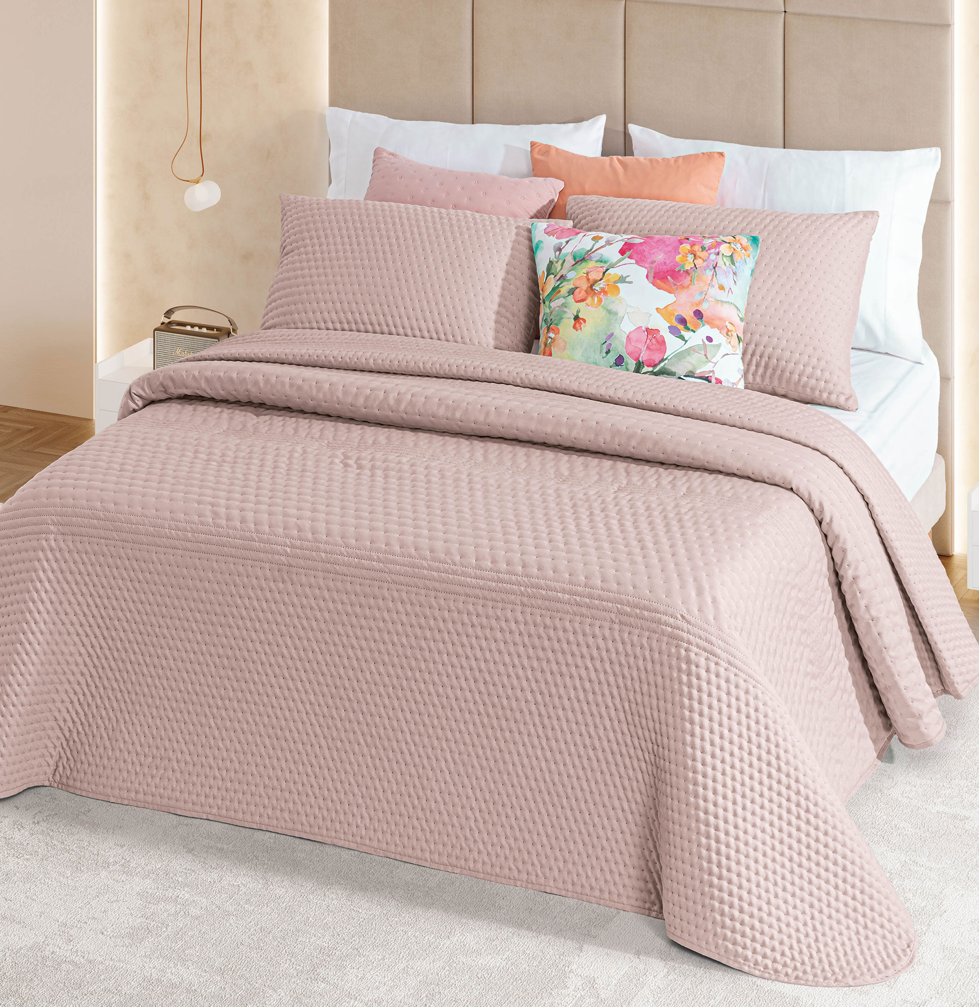 Colcha Cama de Casal Dolar Falso Liso Rosa Seco