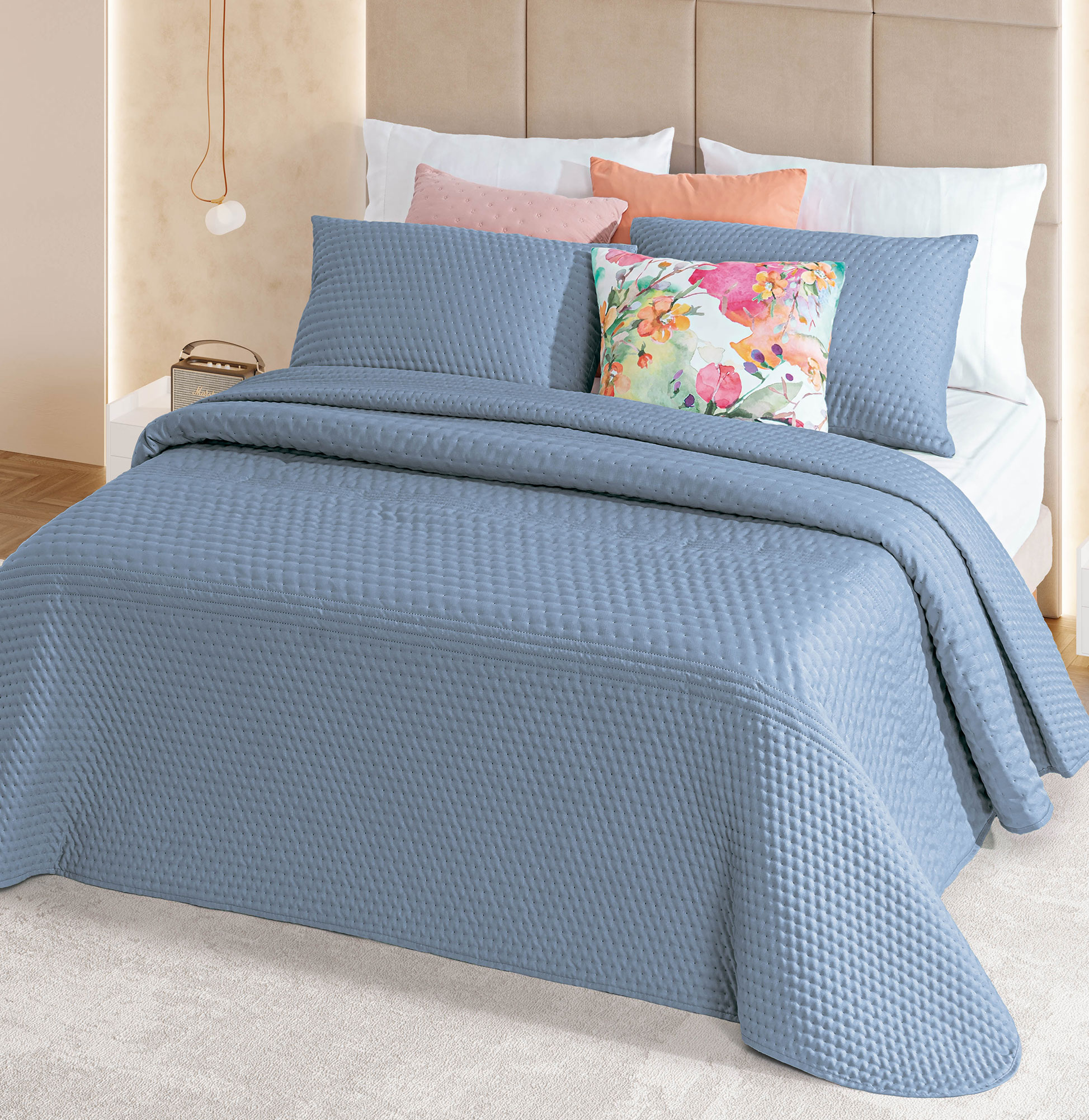 Colcha Cama de Casal Dolar Falso Liso Azul Marinho