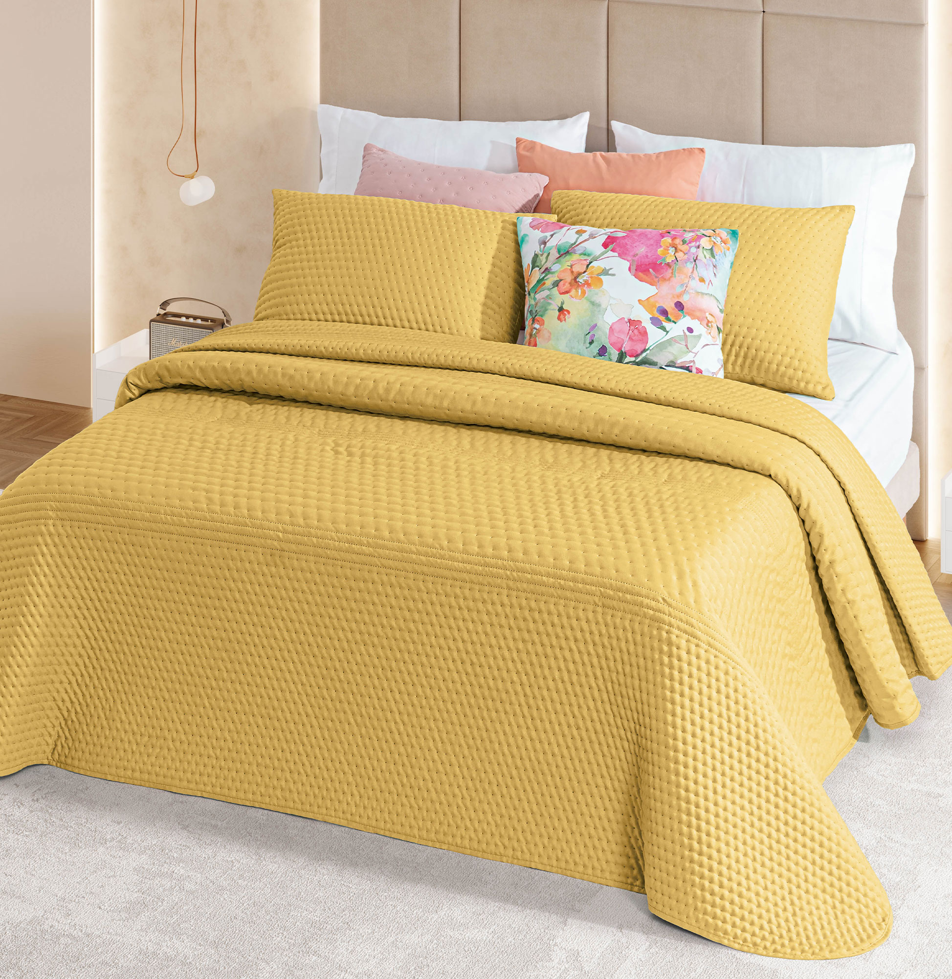 Colcha Cama de Casal Dolar Falso Liso Amarelo Mostarda