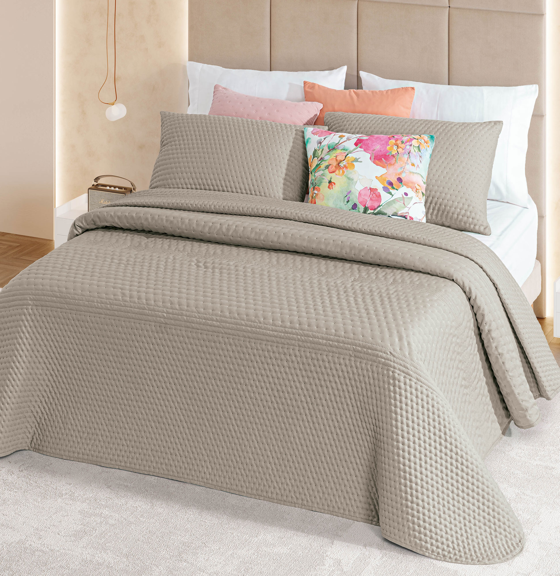 Colcha Cama de Casal Dolar Falso Liso Cinzento Taupe