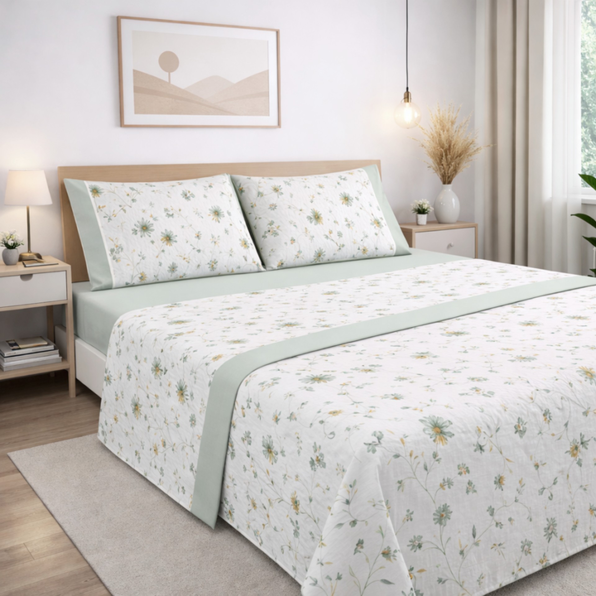 Jogo de lençóis cama de casal AURA FLORAL 4 peças verde