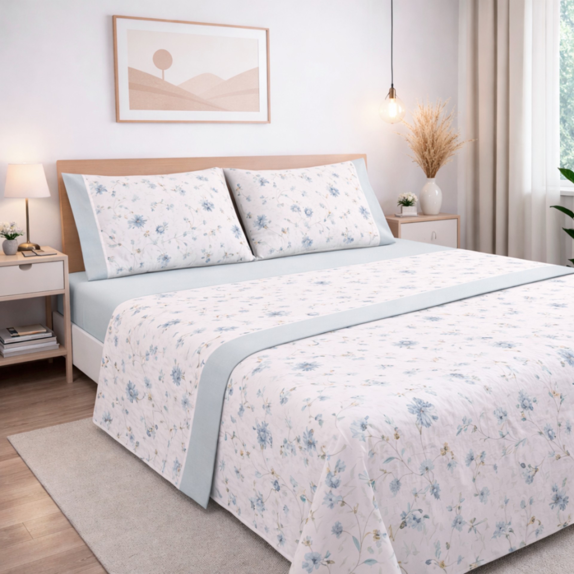 Jogo de lençóis cama de casal AURA FLORAL 4 peças azul claro