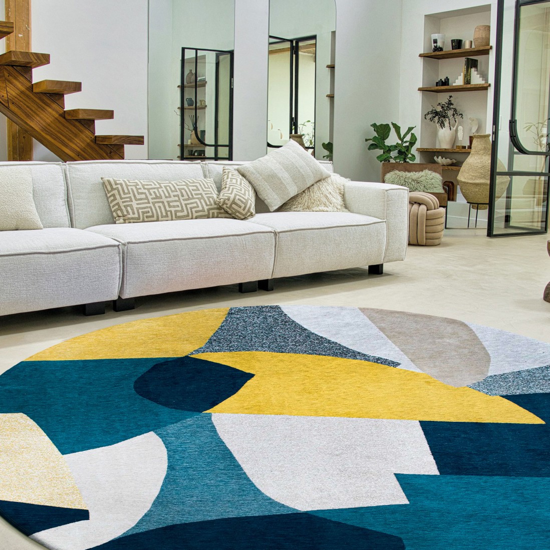 Abstract Round Area Rug Cubist Chenille 9369 Multicolor