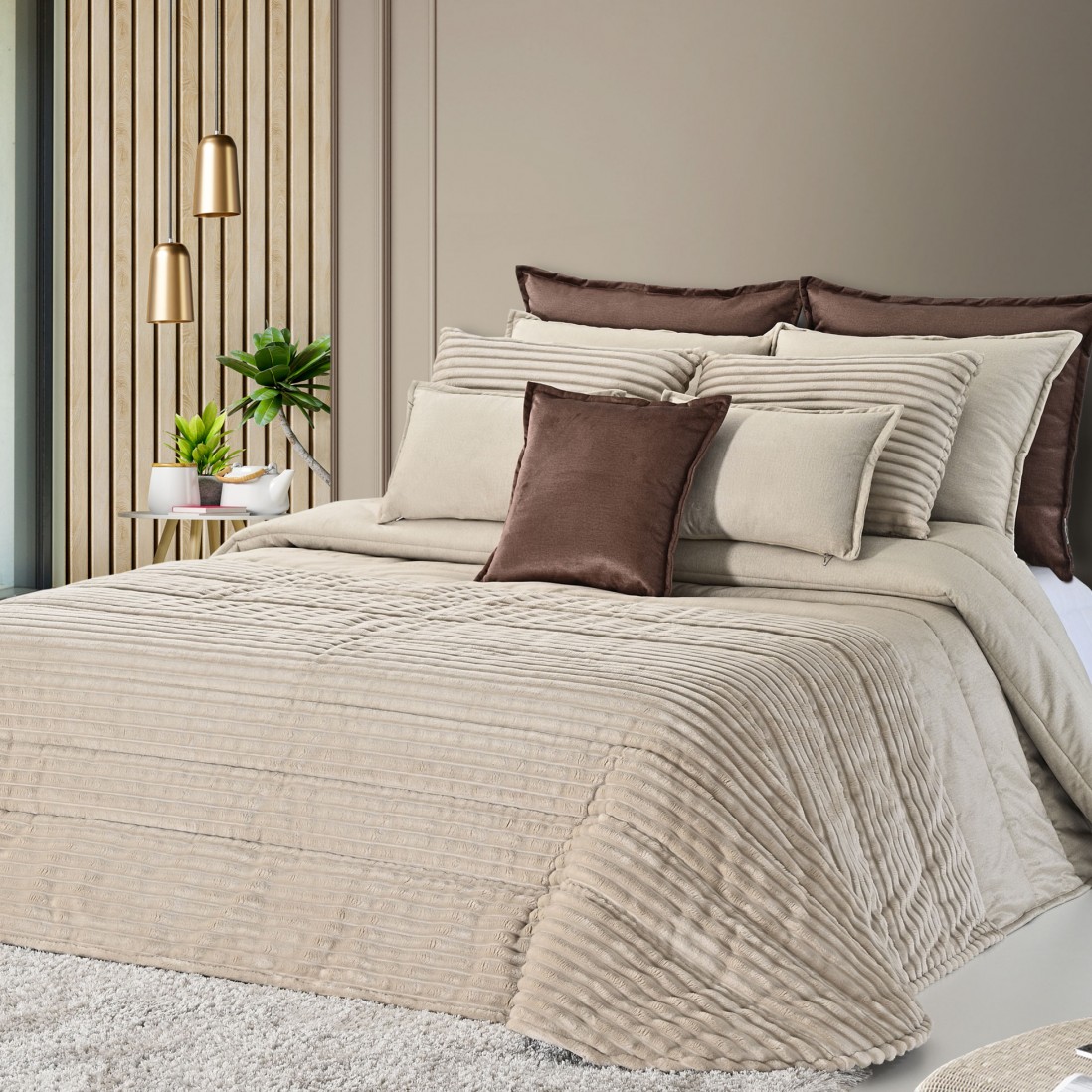 Ambar Geometric Double Bed Bedspread Beige