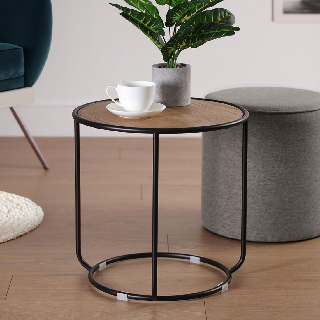 Mesa Auxiliar de Madeira e Metal com Pouf 058 Castanho/Cinza