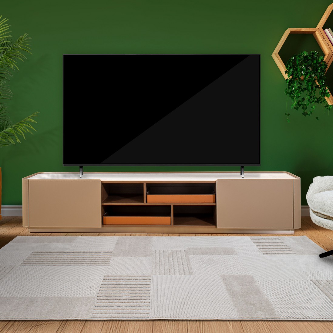 Wooden TV Bench with 2 Doors and Stone Top Navis Beige