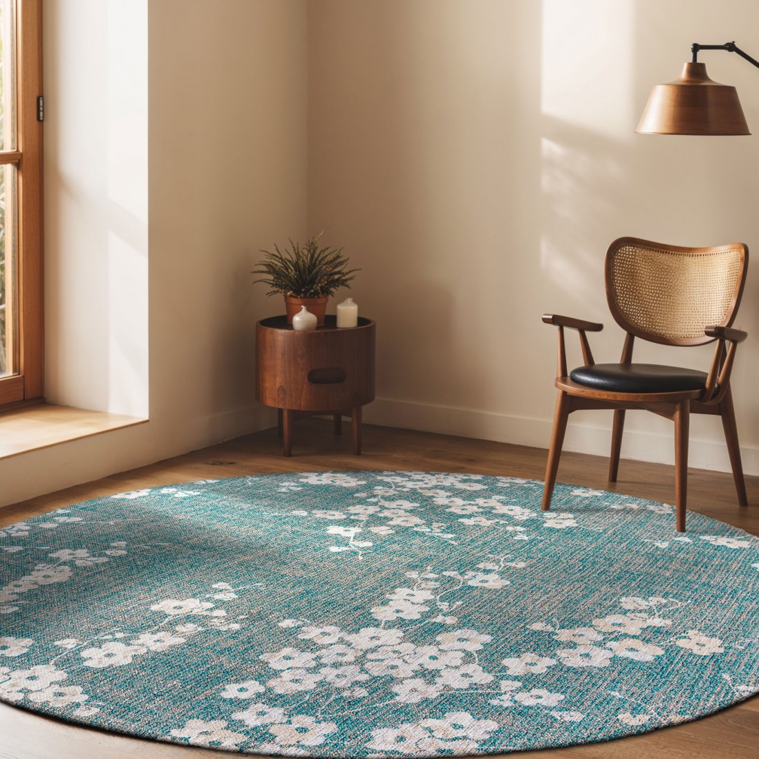 Round Modern Area Rug Almond Chenille 9850 Blue