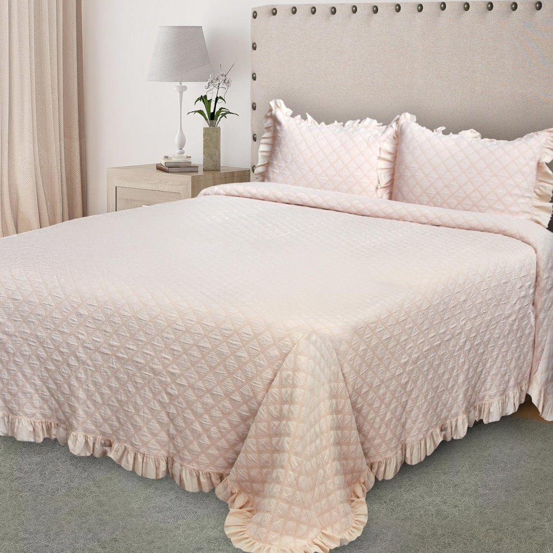 Colcha Cama de Casal Milan Geomtrico Rosa Claro