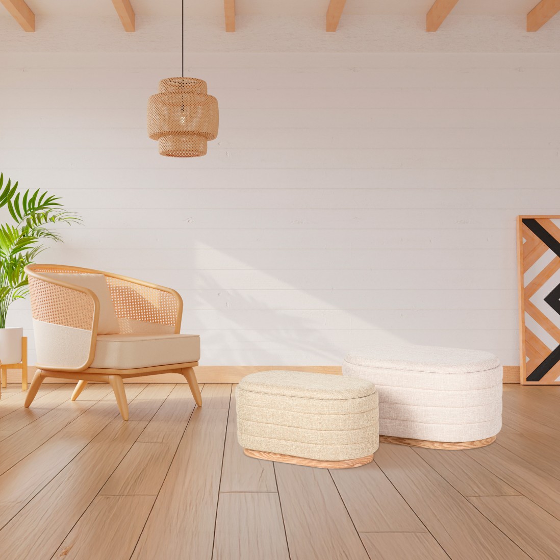 Pouf de Madeira e Tecido 100 Bege