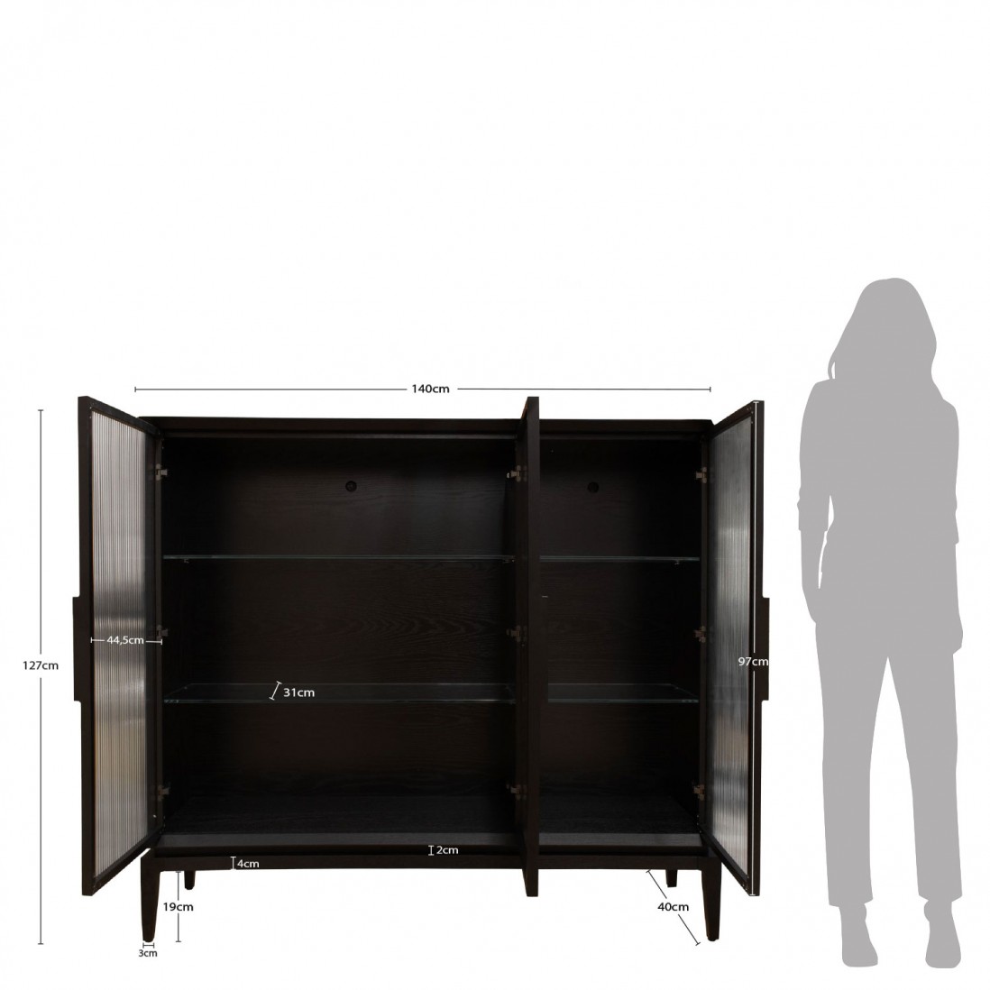 Sideboard in Oak Wood with 3 Glass Doors Orion Black