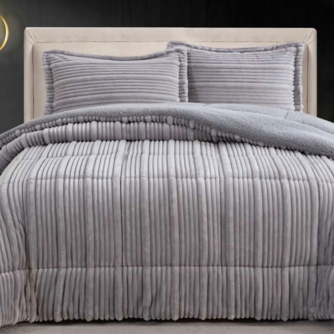 Edredn de Cama Doble con Sherpa Vena Geomtrico Gris