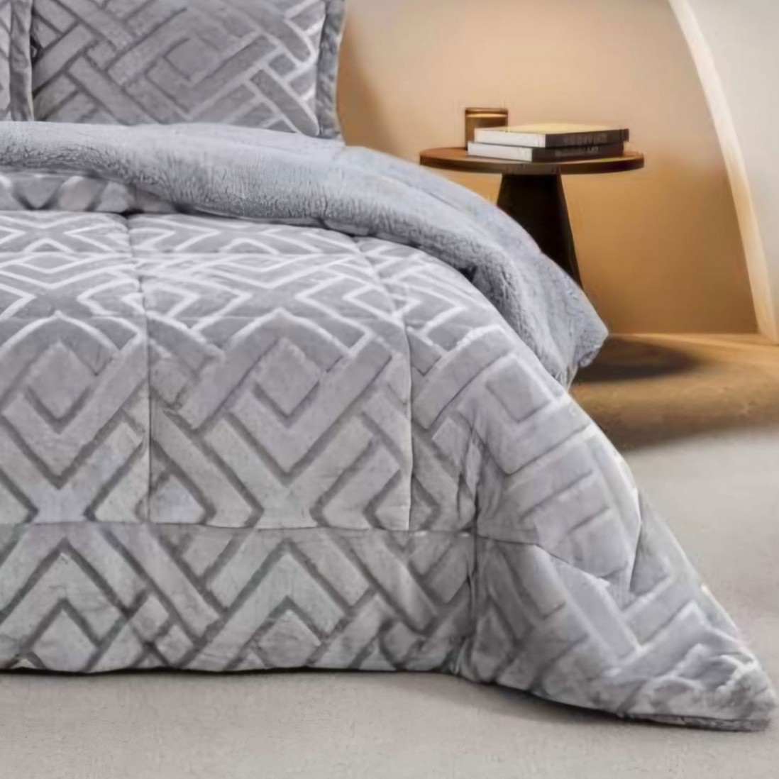 Colcha Cama de Casal com Sherpa Zora Geomtrico Cinza