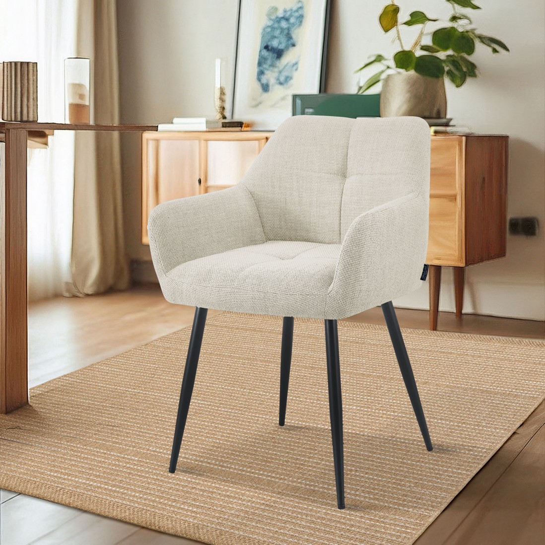 Narbona chair beige lined fabric and black metal legs