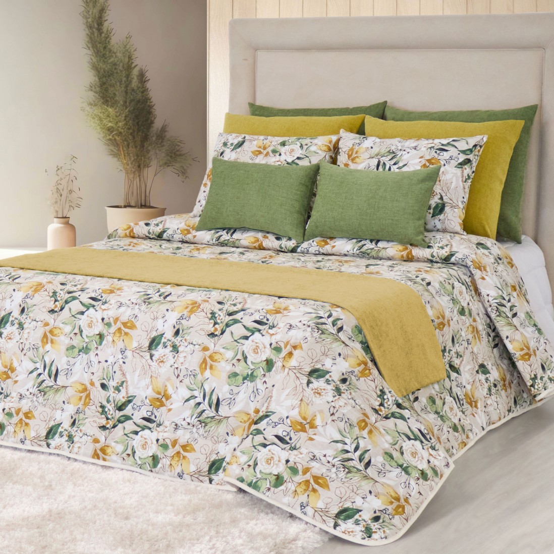 Colcha Cama de Casal Porto Floral Verde