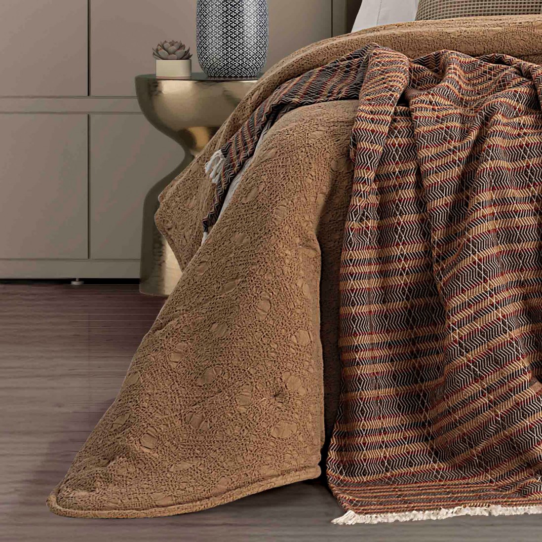 Bruma Abstract Double Bed Bedspread Camel