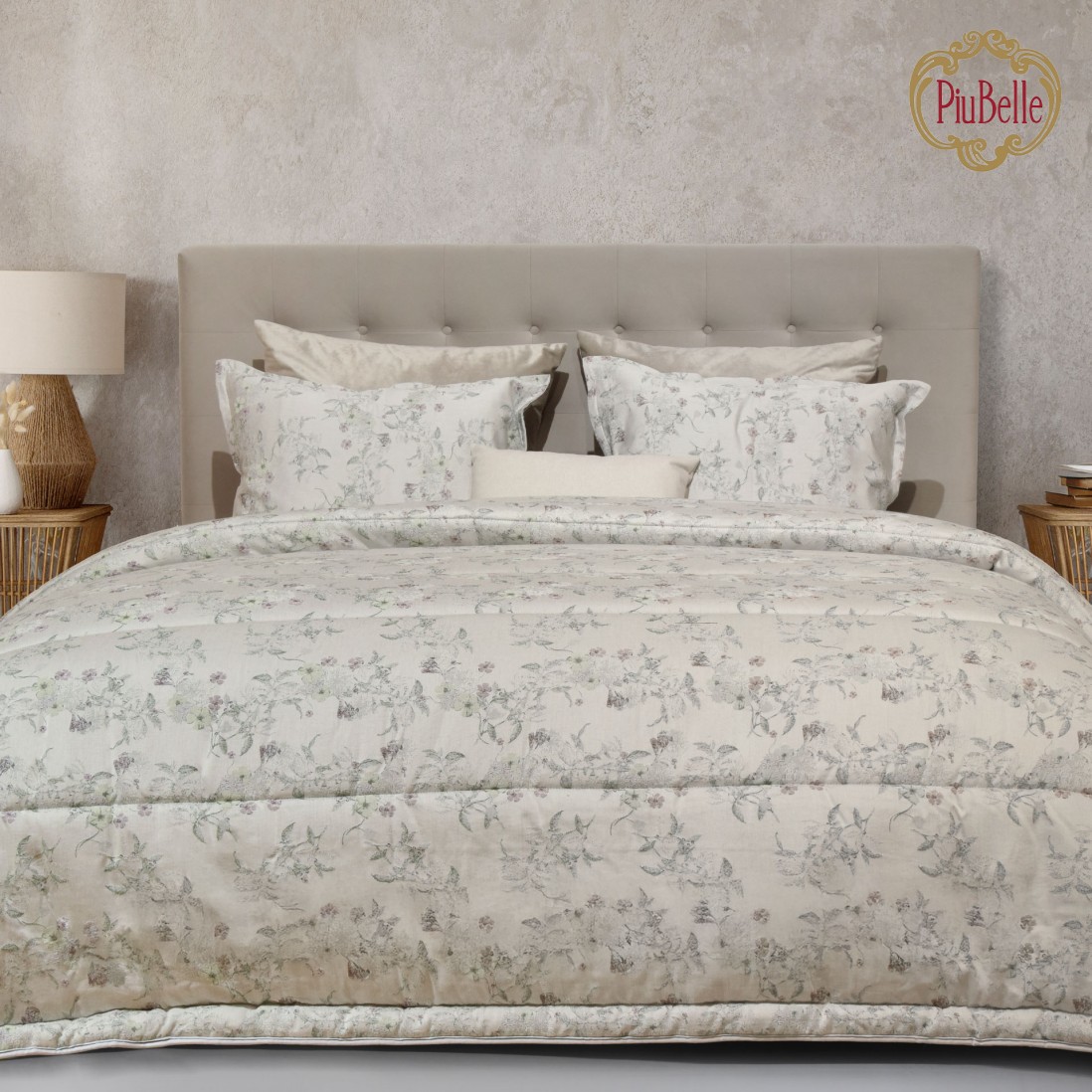 Clarach Floral Double Bed Bedspread Beige