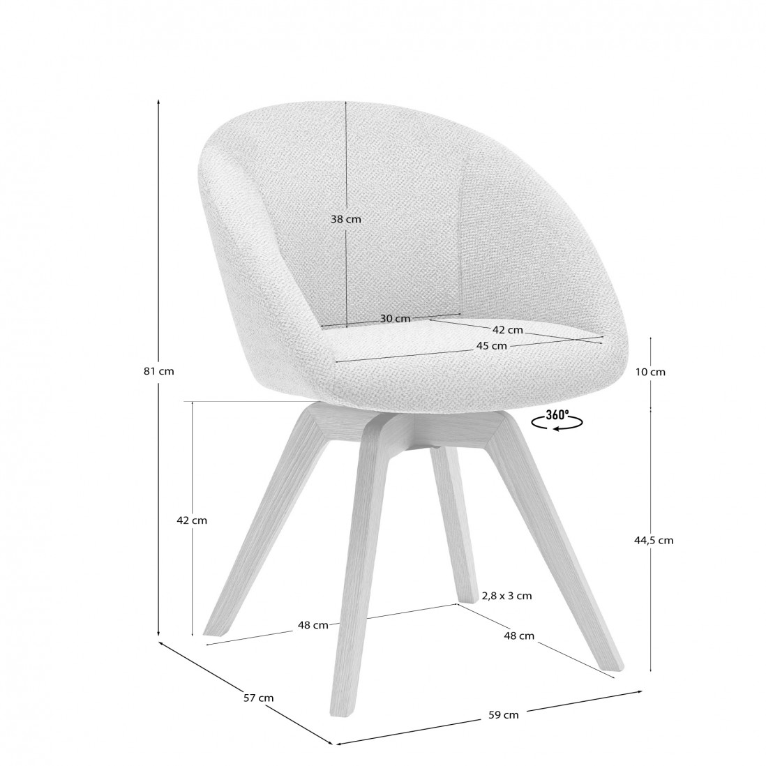 Allos chair cream fabric swivel and nordic style legs in solid beech wood with a natural finish