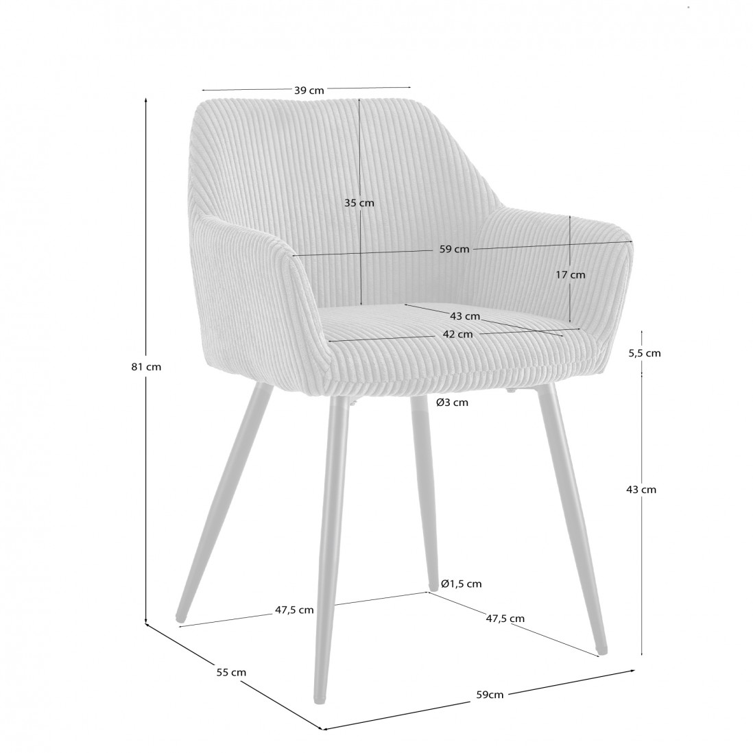 Rochelle chair in gray corduroy velvet with black metal legs