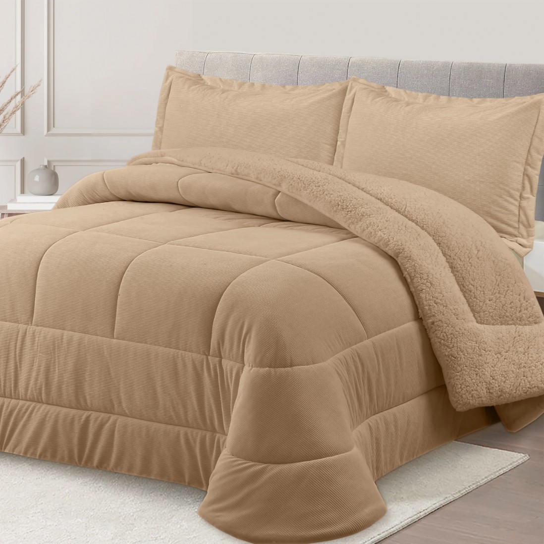Neri Plain Double Bed Bedspread with Sherpa Taupe