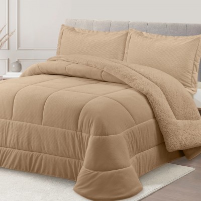 Neri Plain Double Bed Bedspread with Sherpa Taupe
